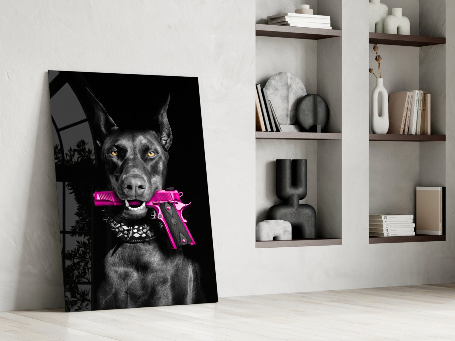 Doberman Holding Pink Pistol Glass Wall Art