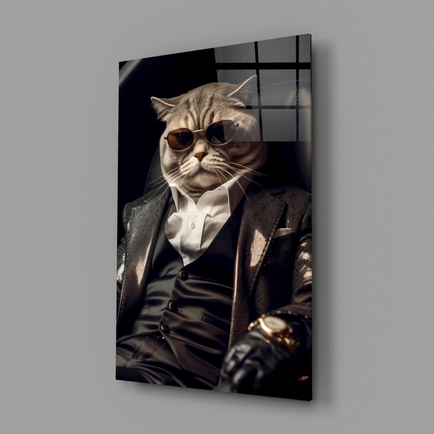 Sunglasses Cat In Black Suit Glass Wall Art