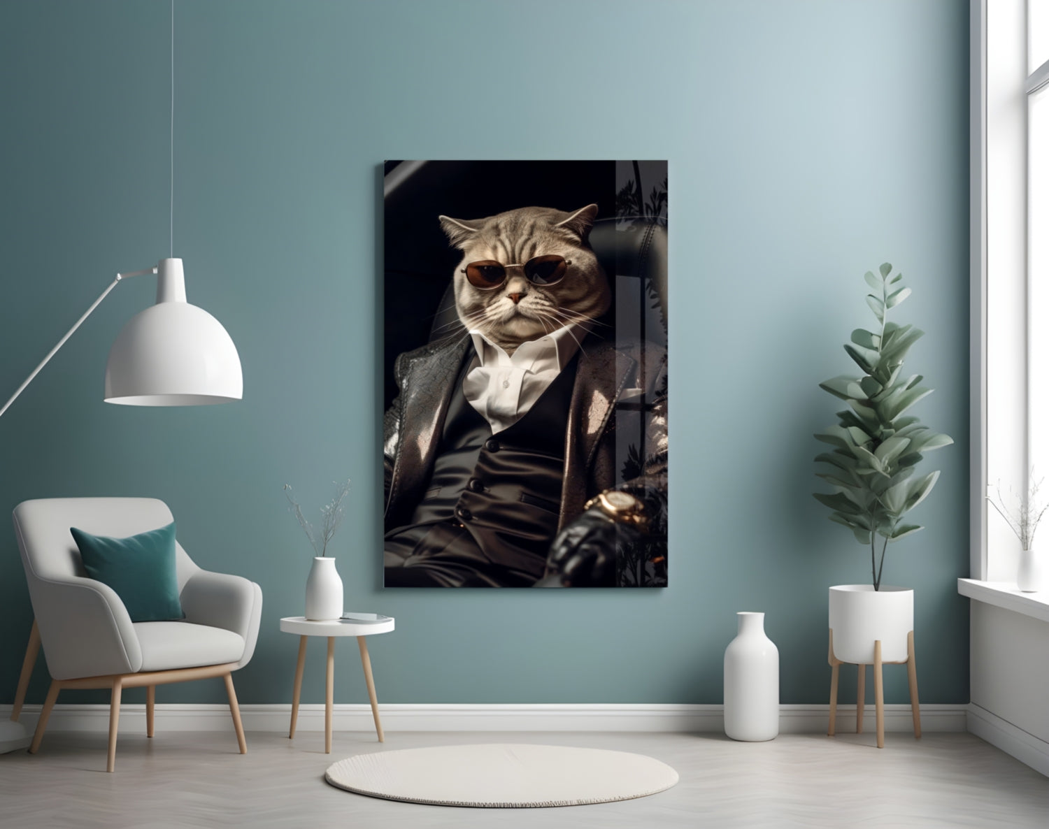 Sunglasses Cat In Black Suit Glass Wall Art