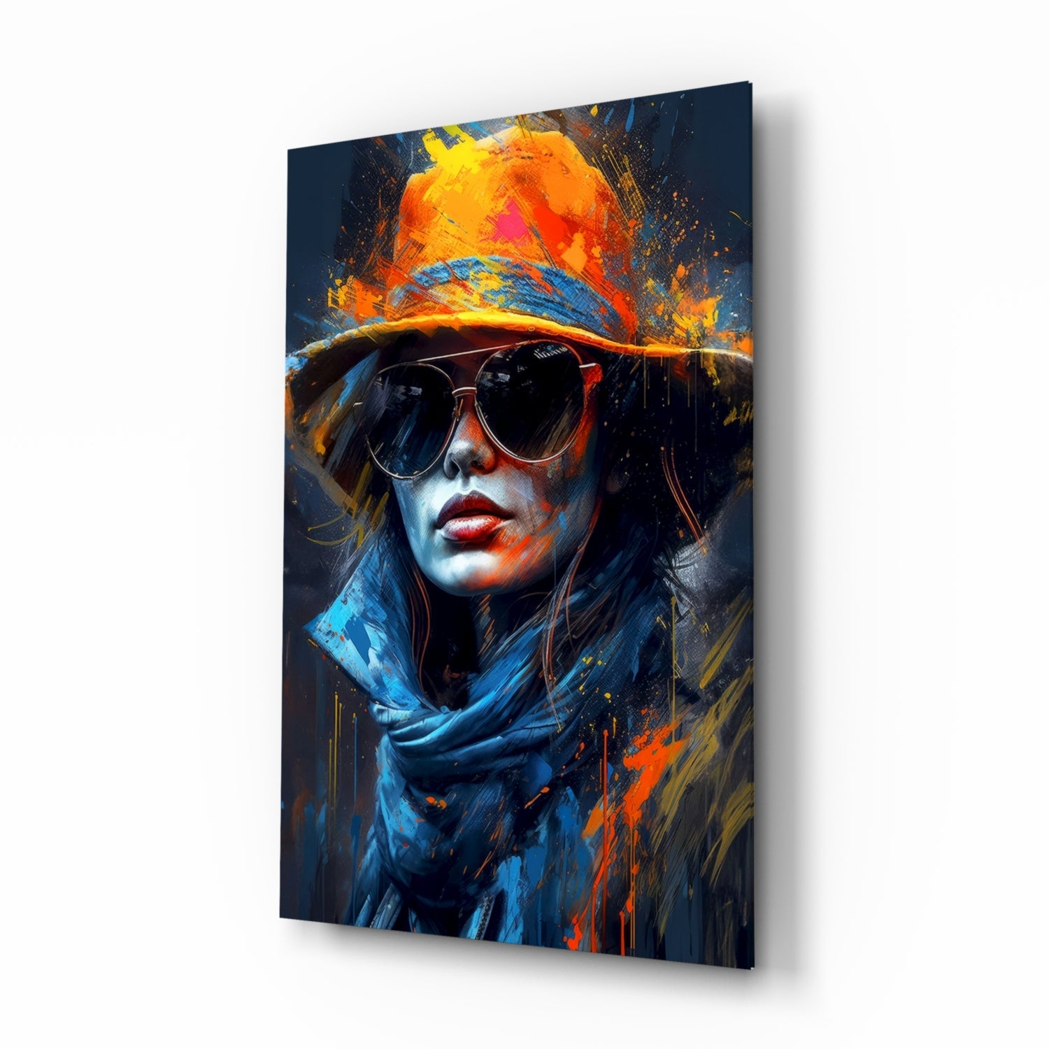 Orange Hat Sunglasses Paint Splash Woman Glass Wall Art