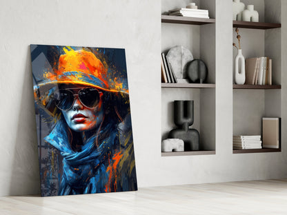 Orange Hat Sunglasses Paint Splash Woman Glass Wall Art