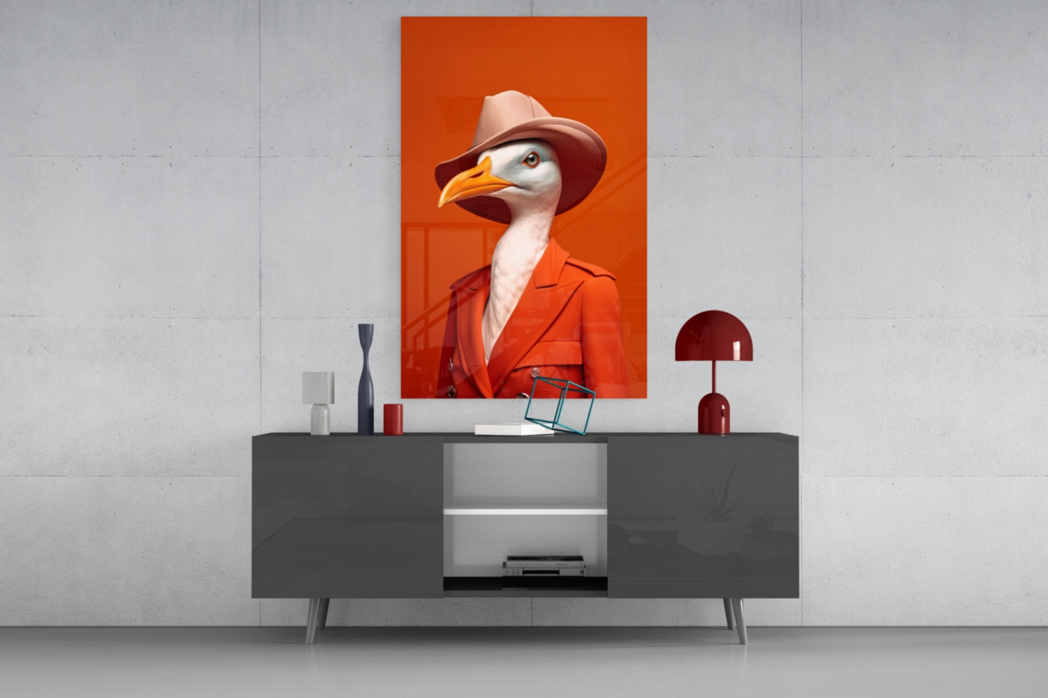 Seagull in Orange Coat and Fedora Glass Wall Art