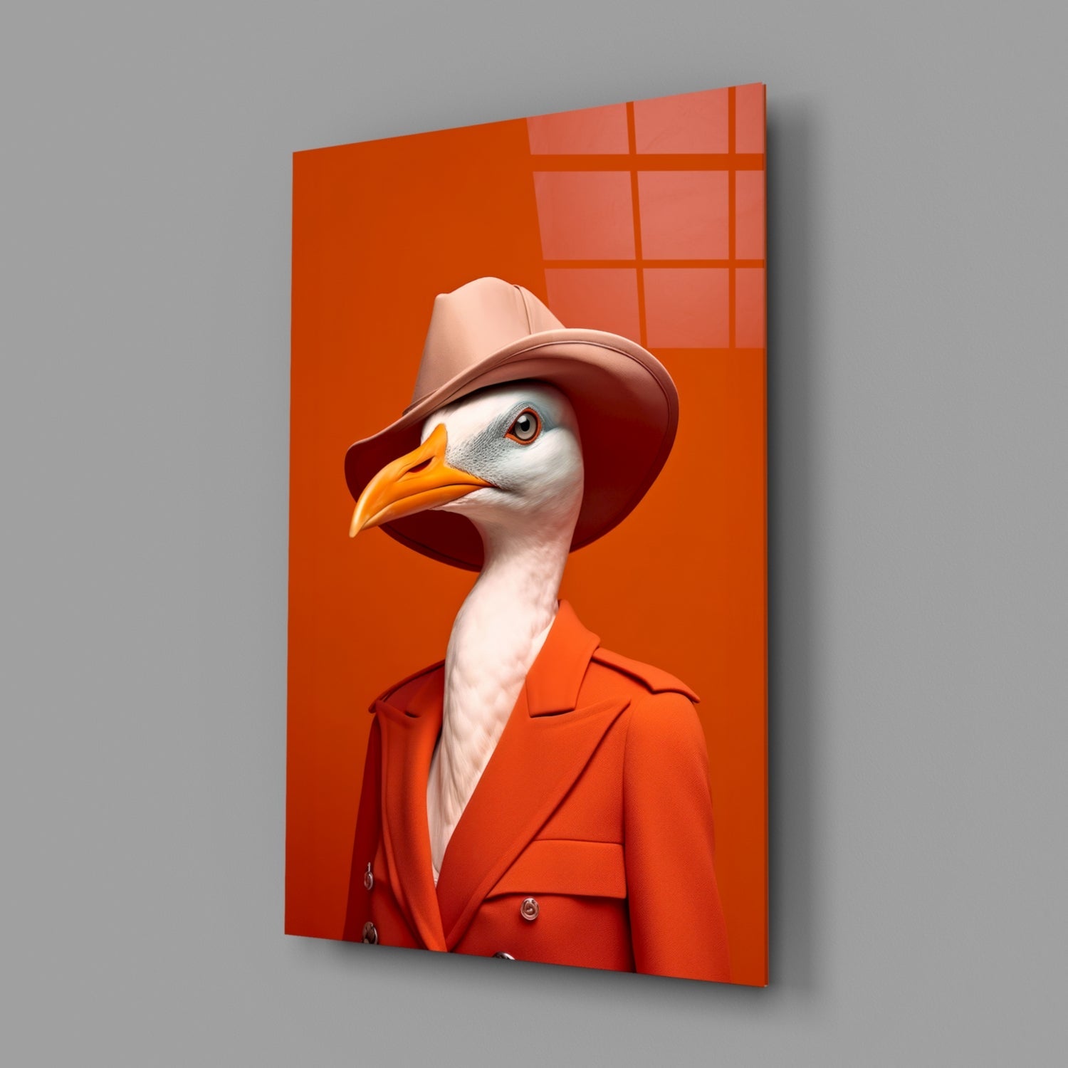 Seagull in Orange Coat and Fedora Glass Wall Art