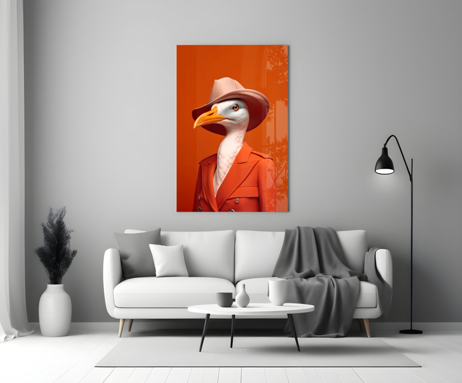Seagull in Orange Coat and Fedora Glass Wall Art