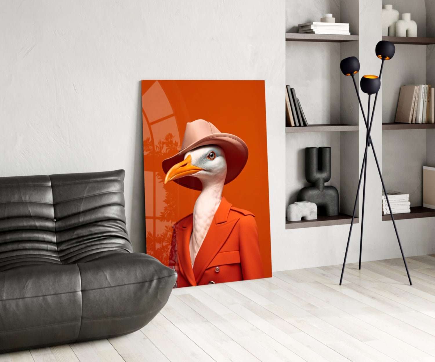 Seagull in Orange Coat and Fedora Glass Wall Art
