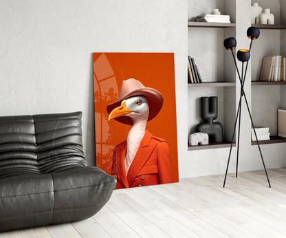 Seagull in Orange Coat and Fedora Glass Wall Art