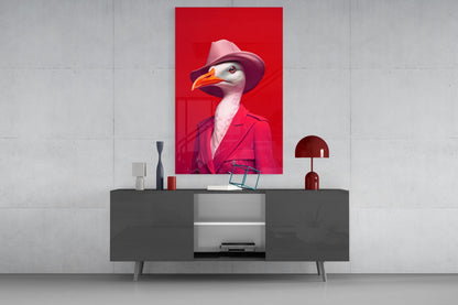 Seagull in Hot Pink Suit and Hat Glass Wall Art