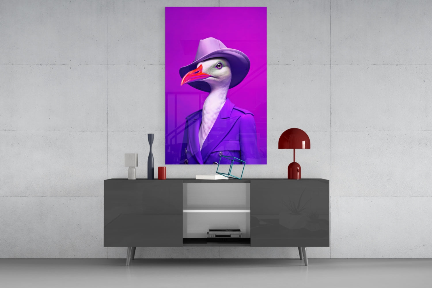 Seagull in Purple Trench Coat Glass Wall Art