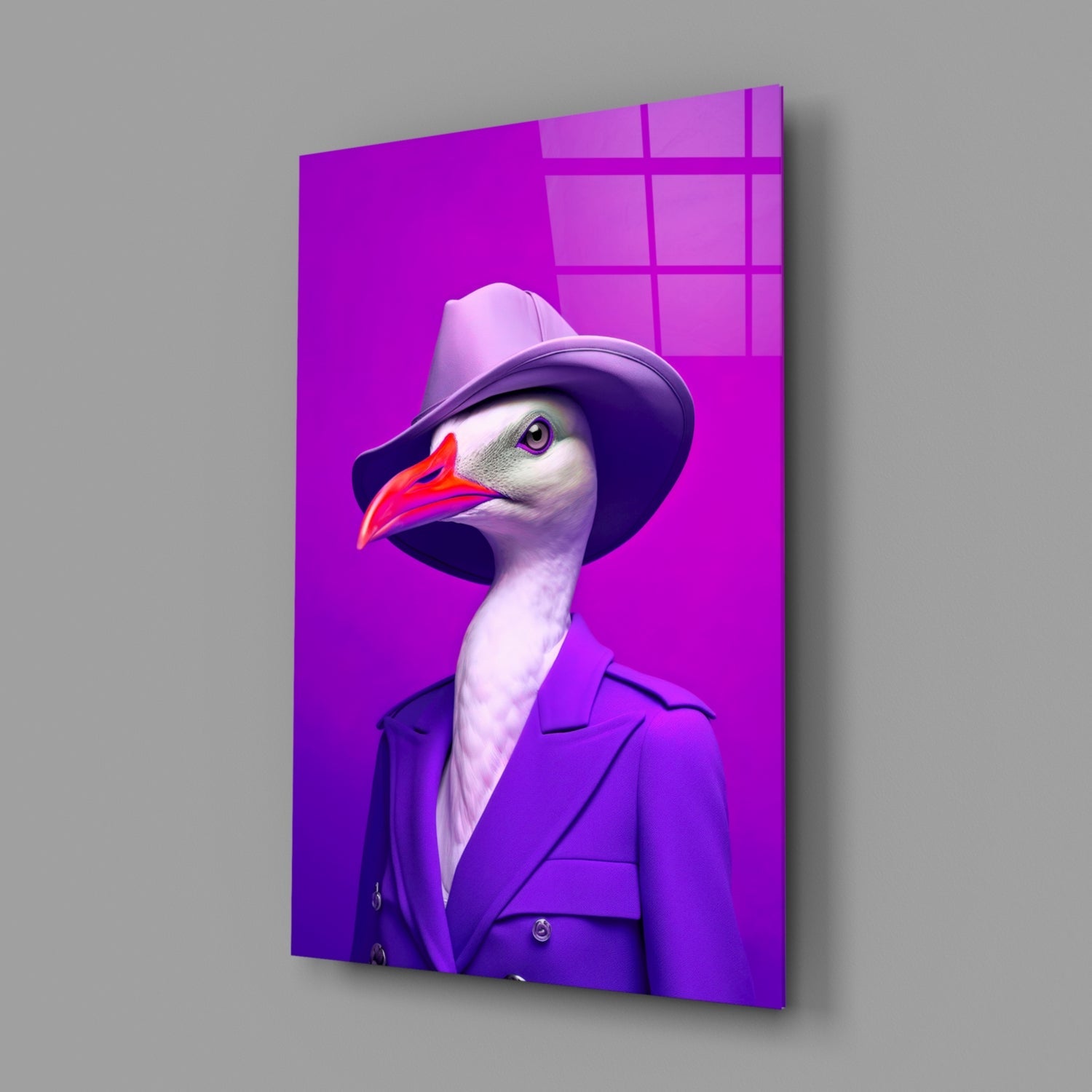 Seagull in Purple Trench Coat Glass Wall Art