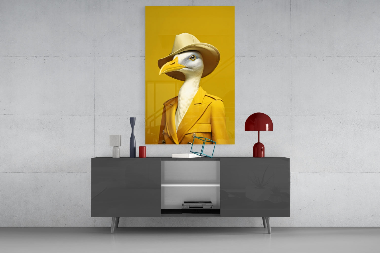 Seagull in Mustard Yellow Overcoat Glass Wall Art