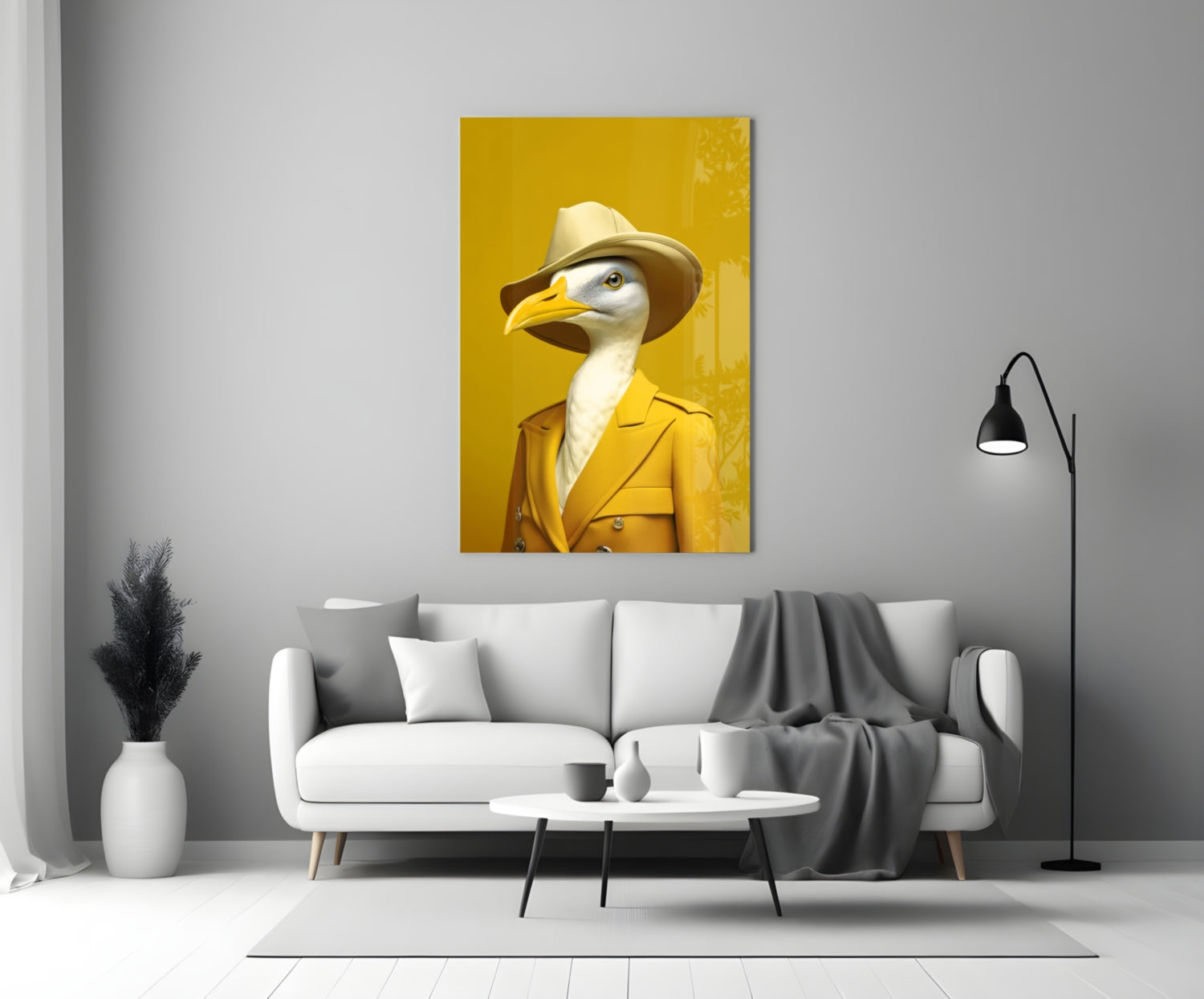 Seagull in Mustard Yellow Overcoat Glass Wall Art