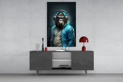 Gorilla in Blue Hoodie With Headphones Glass Wall Art