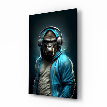 Gorilla in Blue Hoodie With Headphones Glass Wall Art