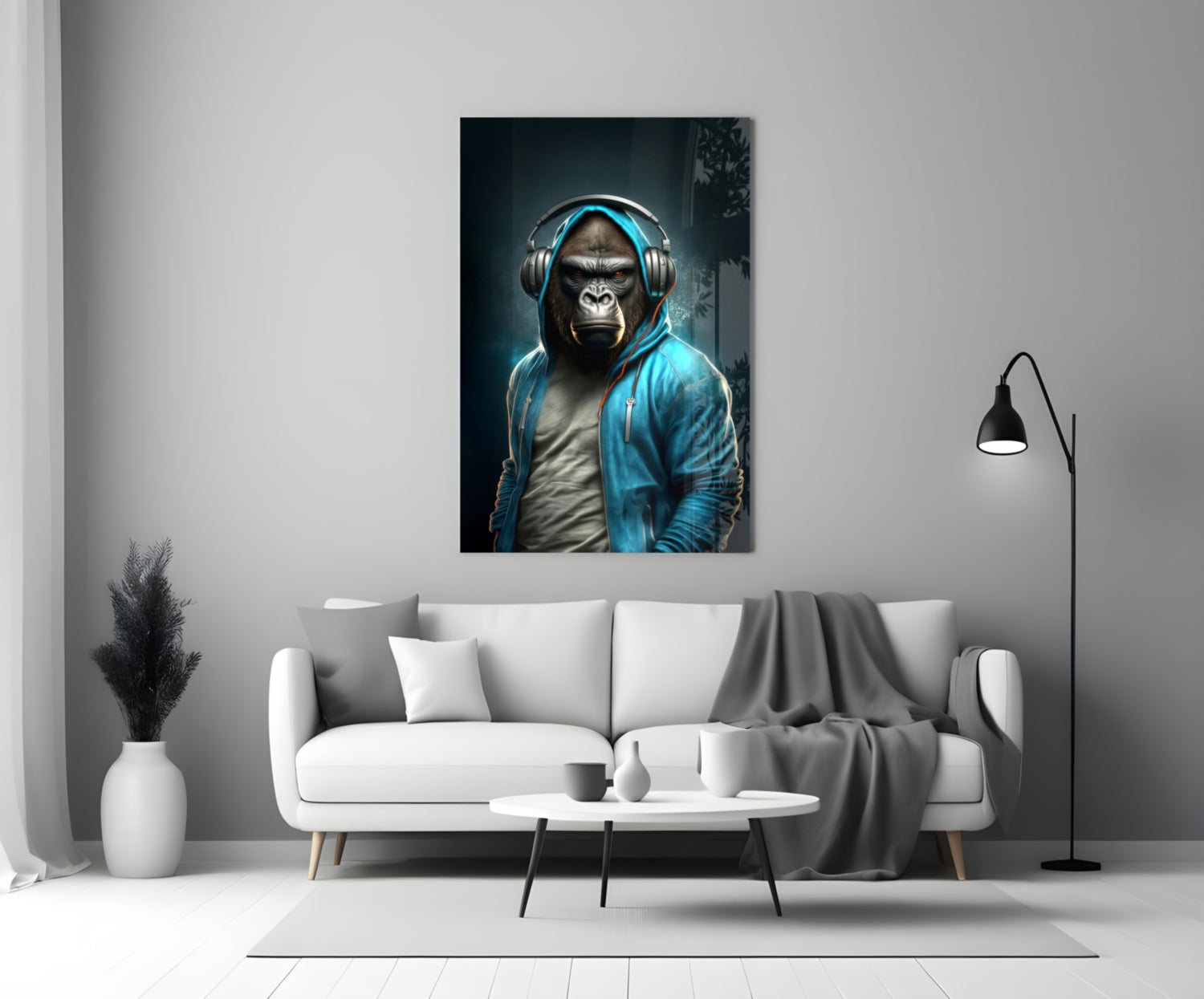 Gorilla in Blue Hoodie With Headphones Glass Wall Art