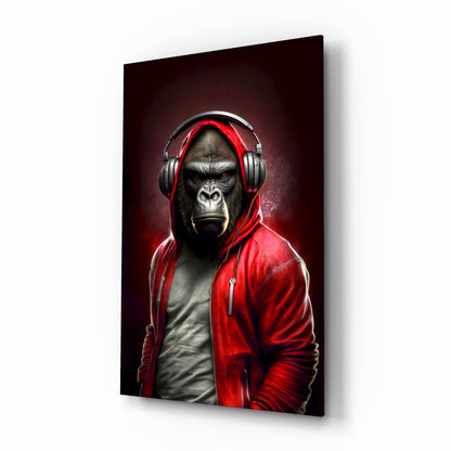 Gorilla in Red Hoodie With Headphones Glass Wall Art