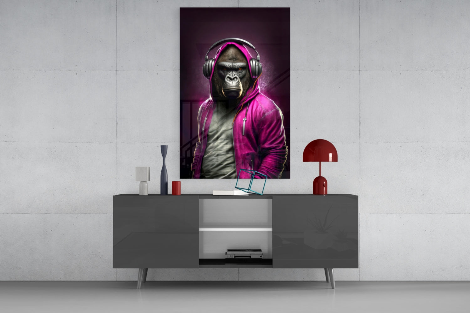 Gorilla in Magenta Hoodie DJ Headphones Glass Wall Art