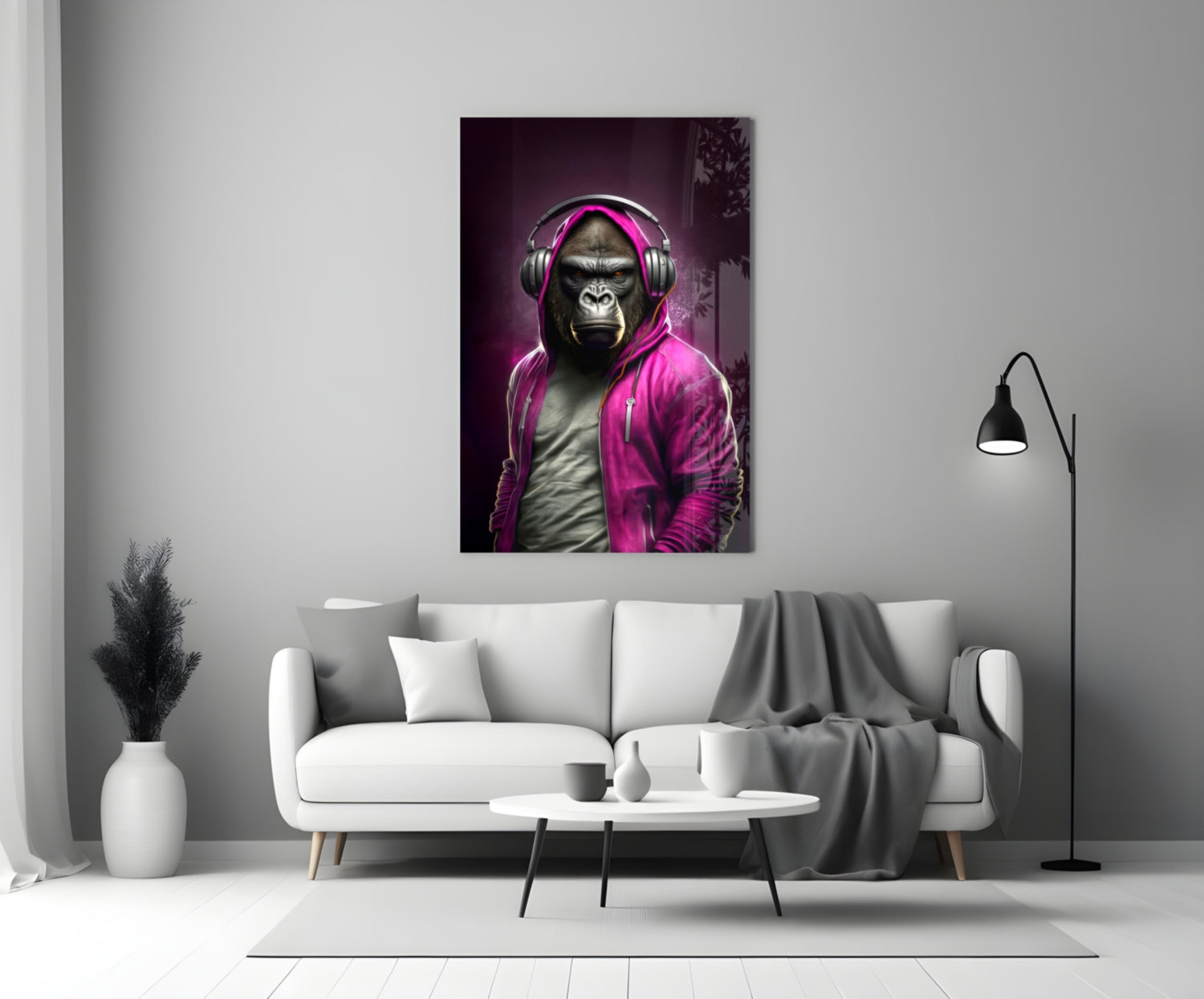 Gorilla in Magenta Hoodie DJ Headphones Glass Wall Art