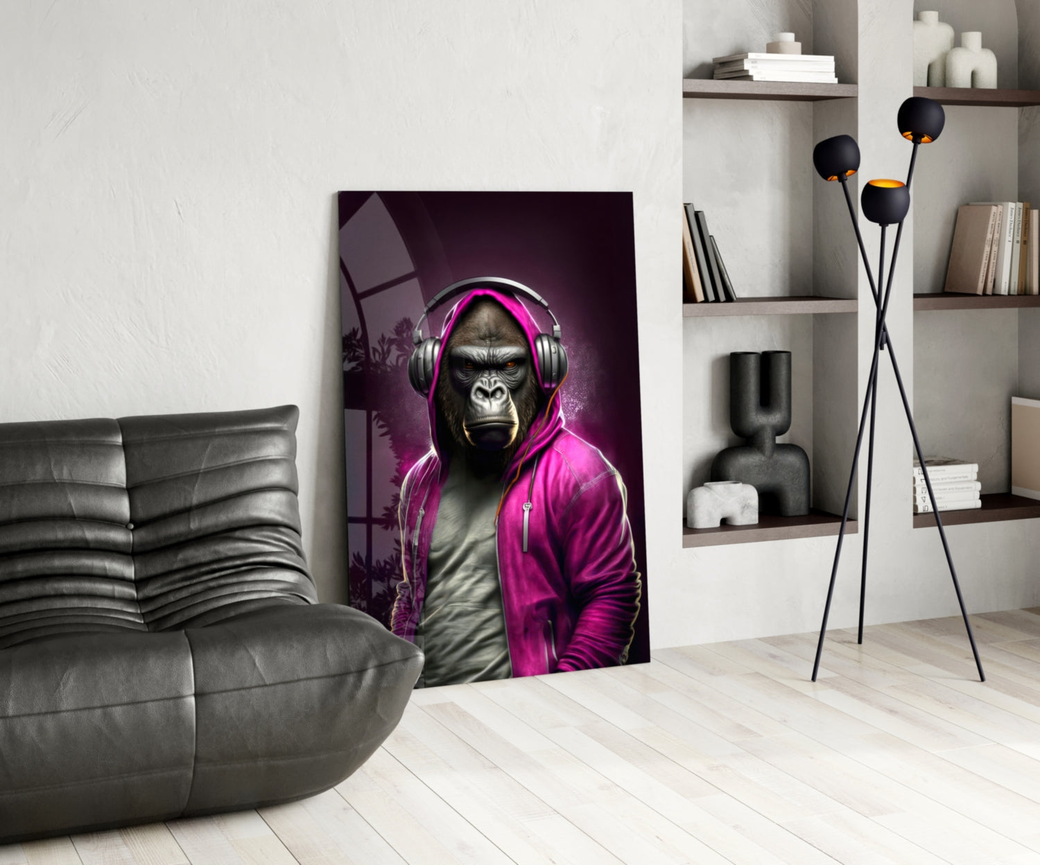 Gorilla in Magenta Hoodie DJ Headphones Glass Wall Art