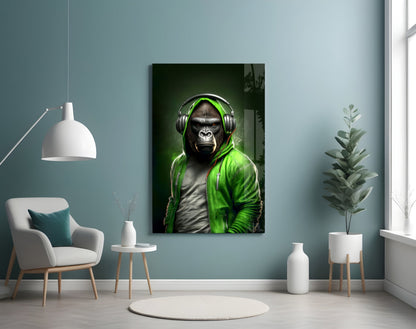 Gorilla in Lime Green Hoodie Headphones Glass Wall Art