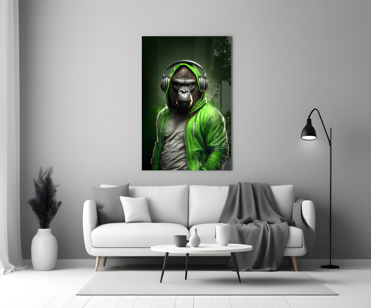 Gorilla in Lime Green Hoodie Headphones Glass Wall Art