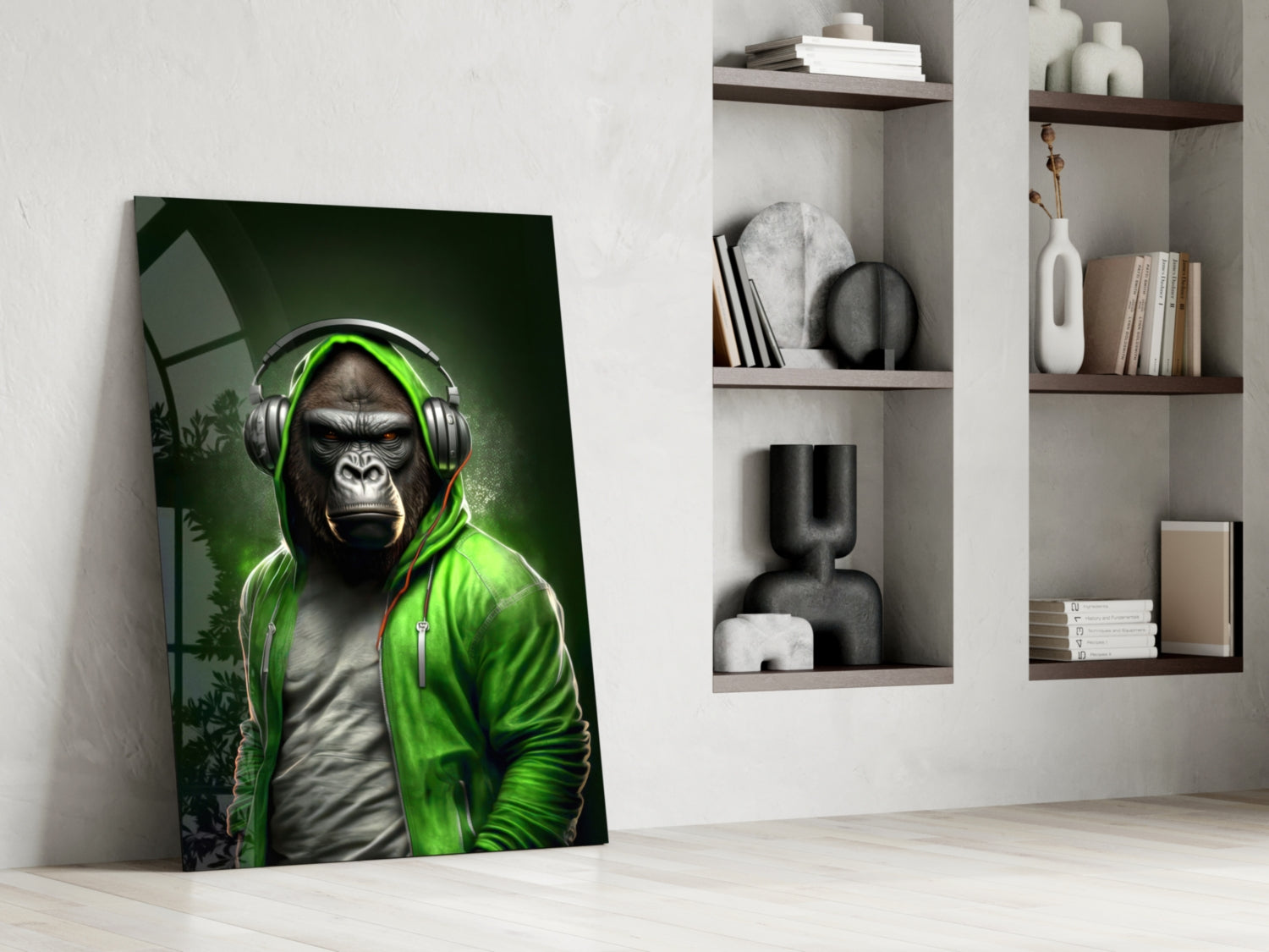 Gorilla in Lime Green Hoodie Headphones Glass Wall Art