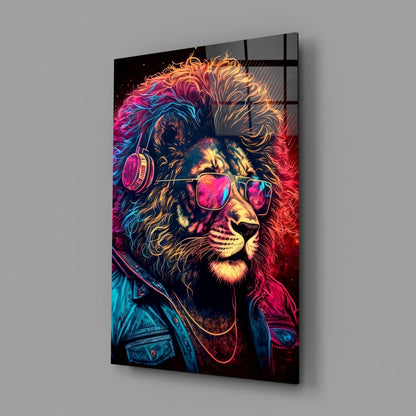 Neon Lion With Headphones and Shades Glass Wall Art
