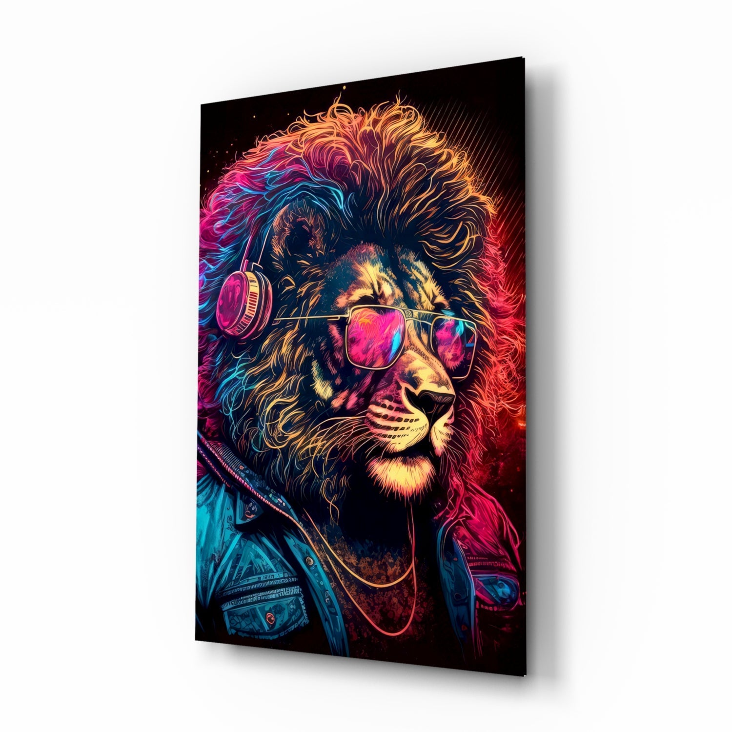 Neon Lion With Headphones and Shades Glass Wall Art