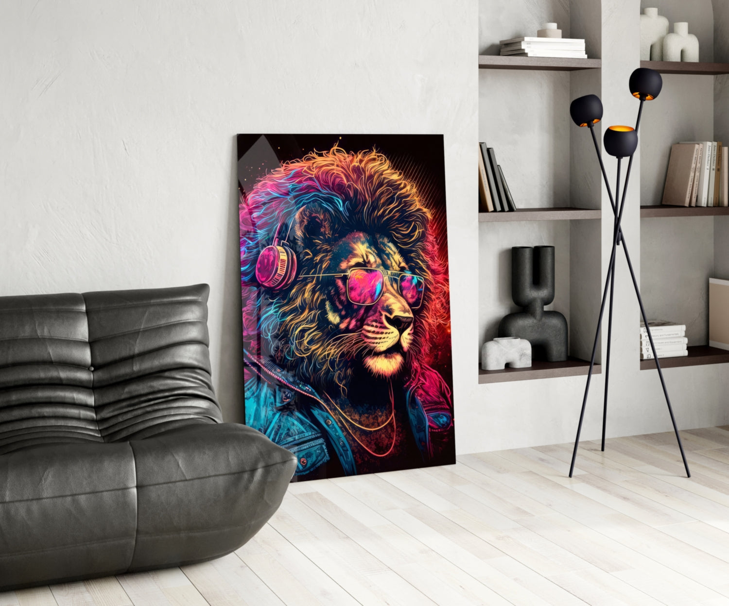 Neon Lion With Headphones and Shades Glass Wall Art