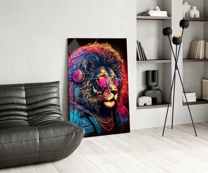 Neon Lion With Headphones and Shades Glass Wall Art