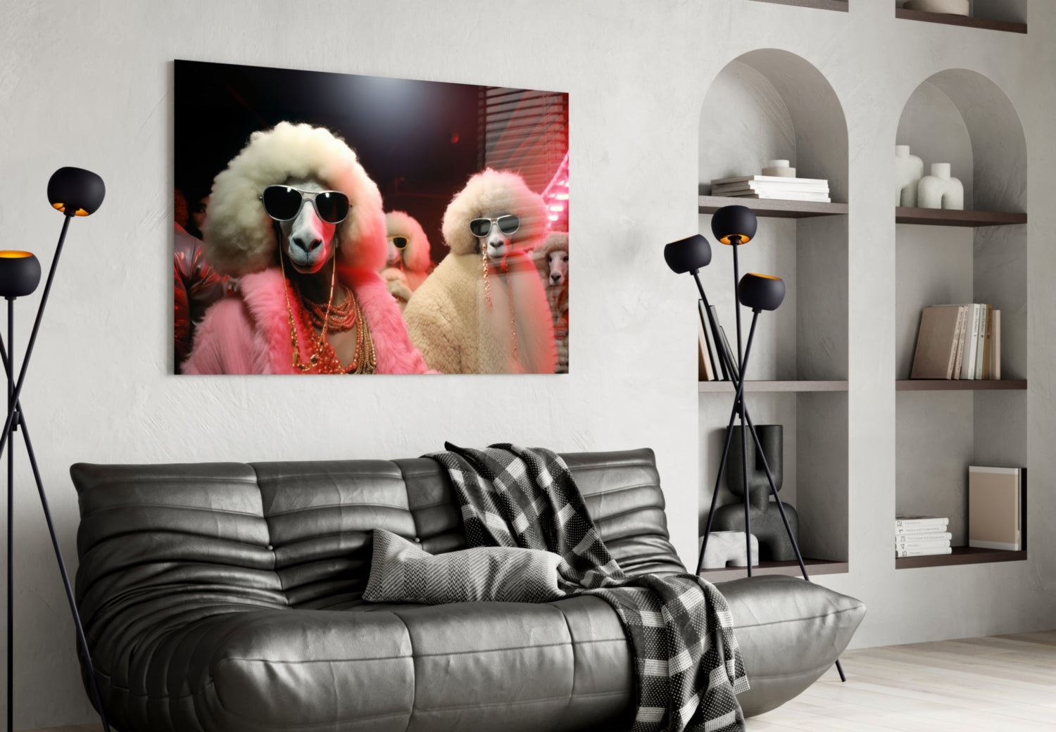Poodles in Pink Fur Coats and Shades Glass Wall Art