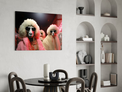 Poodles in Pink Fur Coats and Shades Glass Wall Art