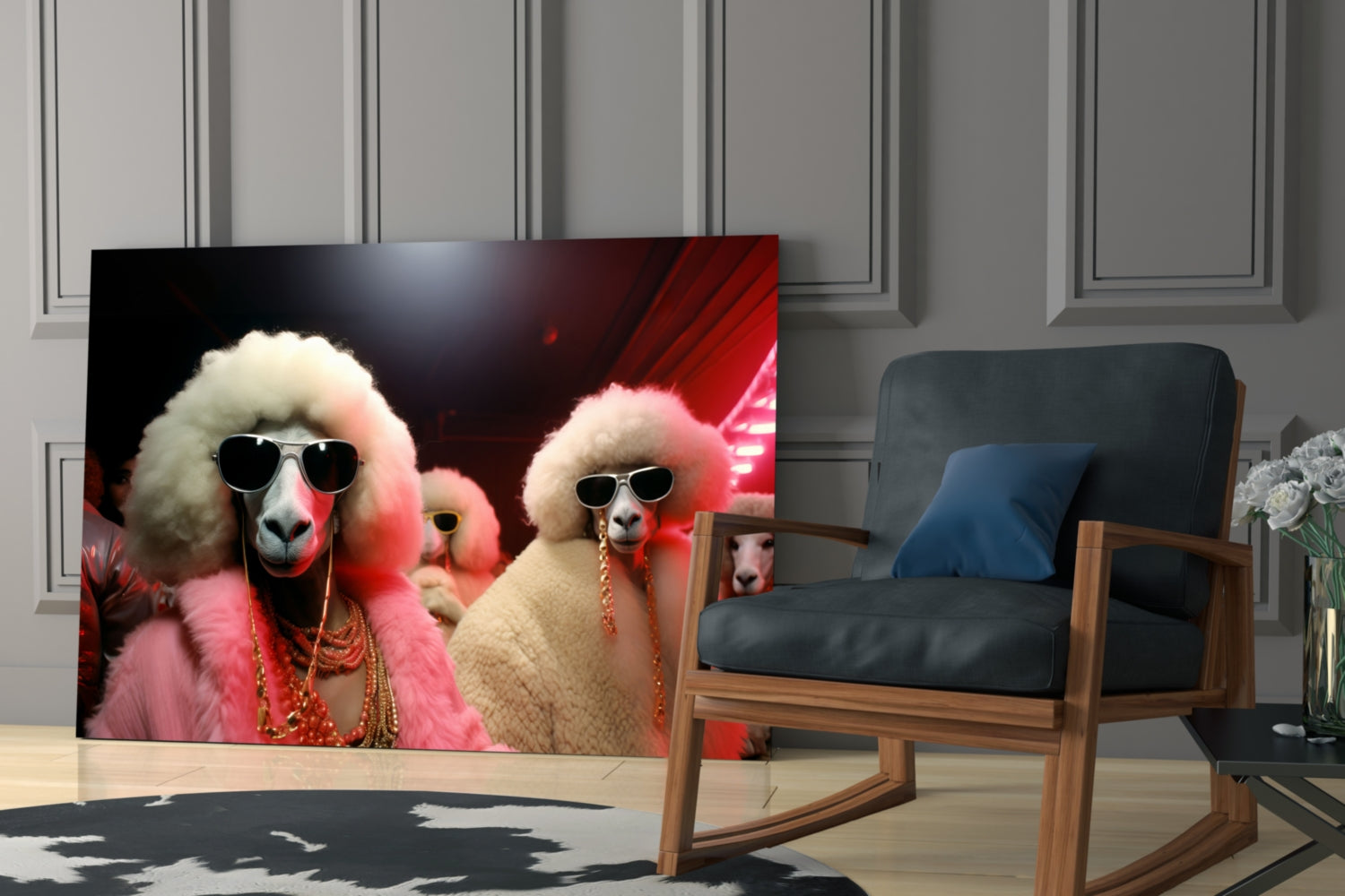 Poodles in Pink Fur Coats and Shades Glass Wall Art