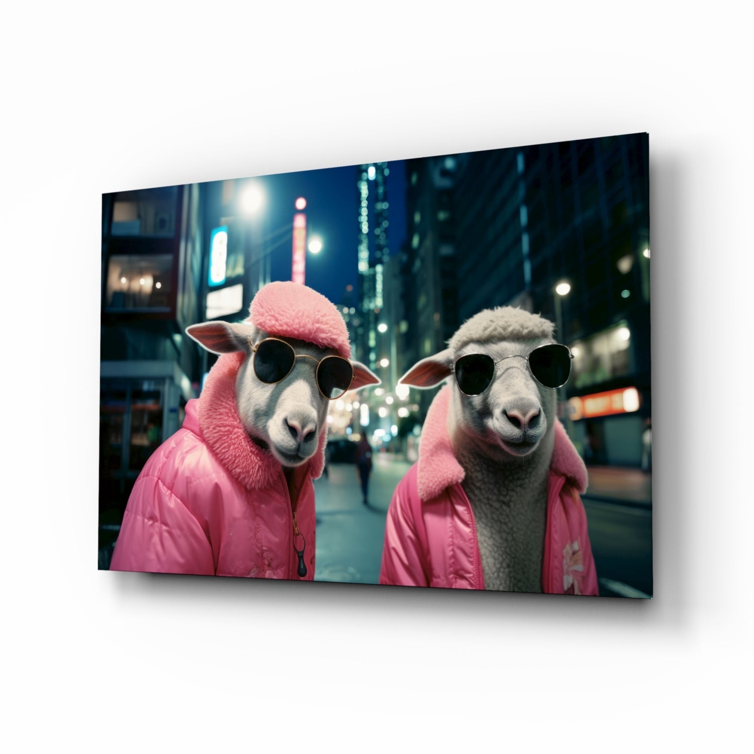 Sheep Duo in Pink Puffer Jackets Glass Wall Art