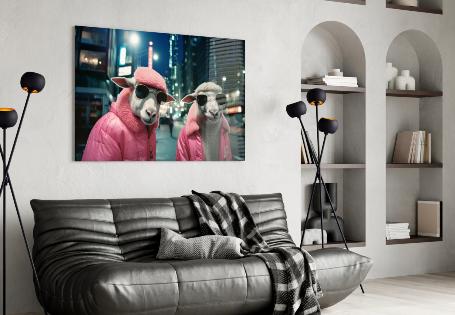 Sheep Duo in Pink Puffer Jackets Glass Wall Art