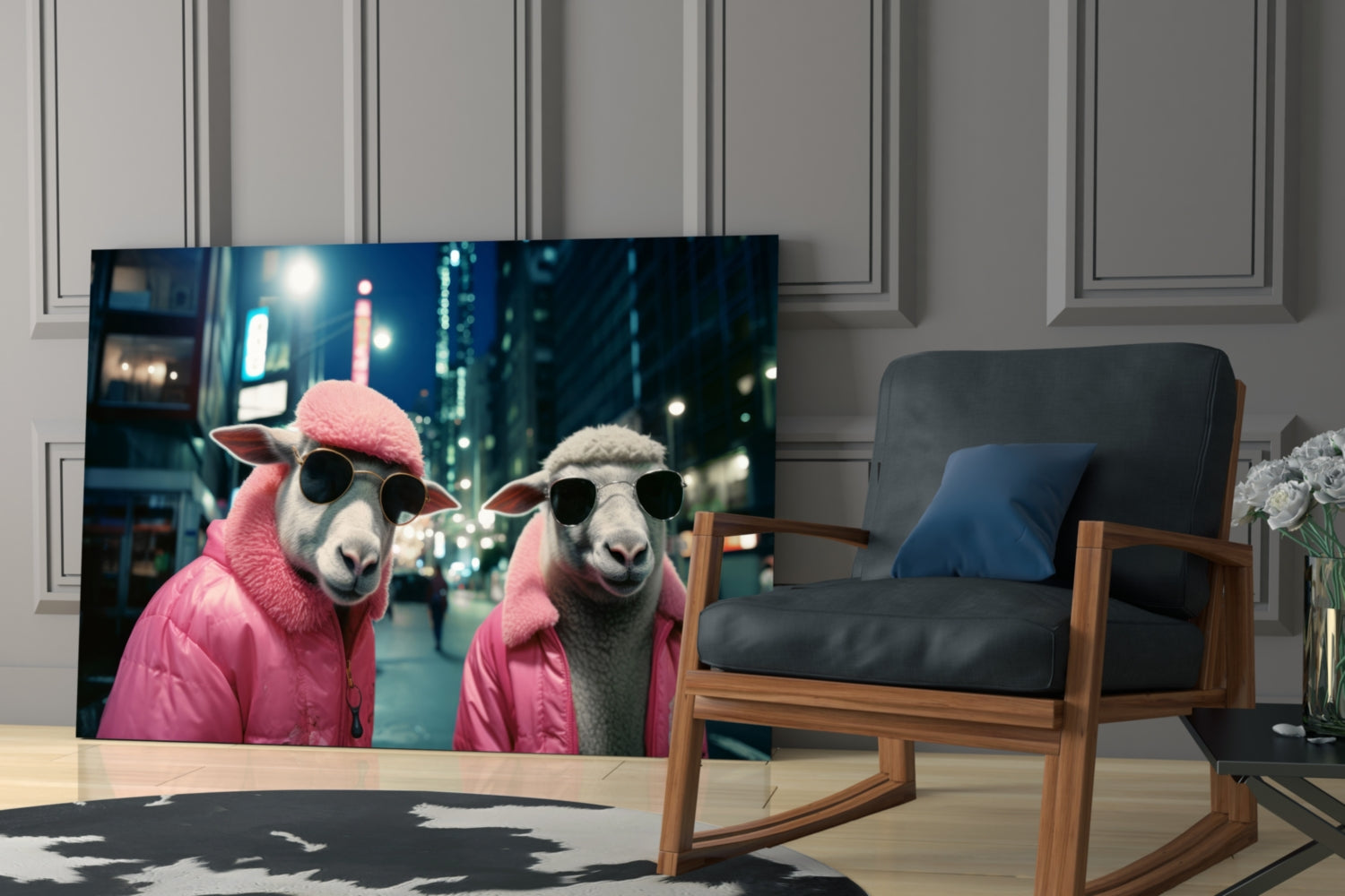 Sheep Duo in Pink Puffer Jackets Glass Wall Art