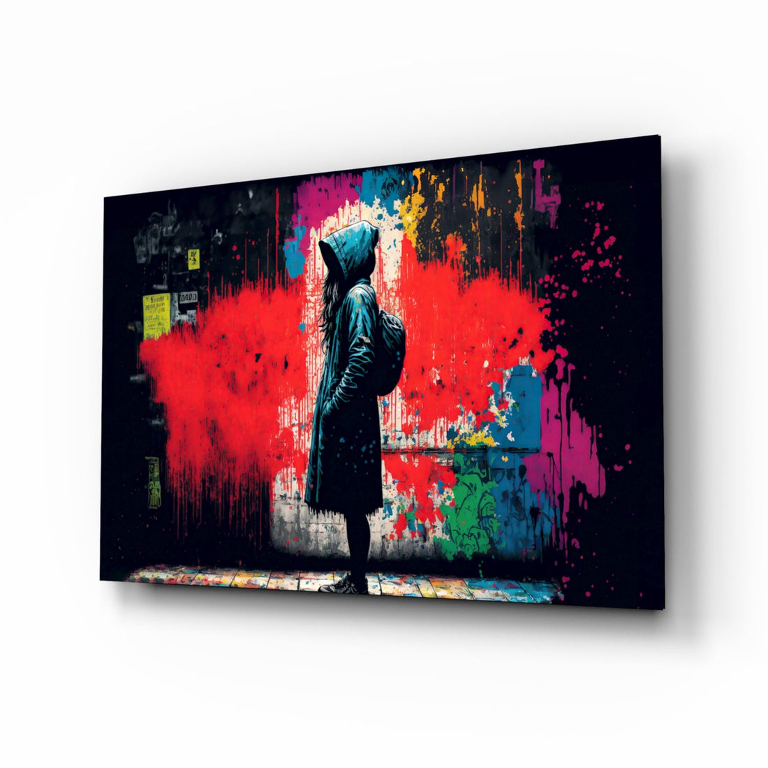 Hooded Kid Facing Red Paint Splash Glass Wall Art