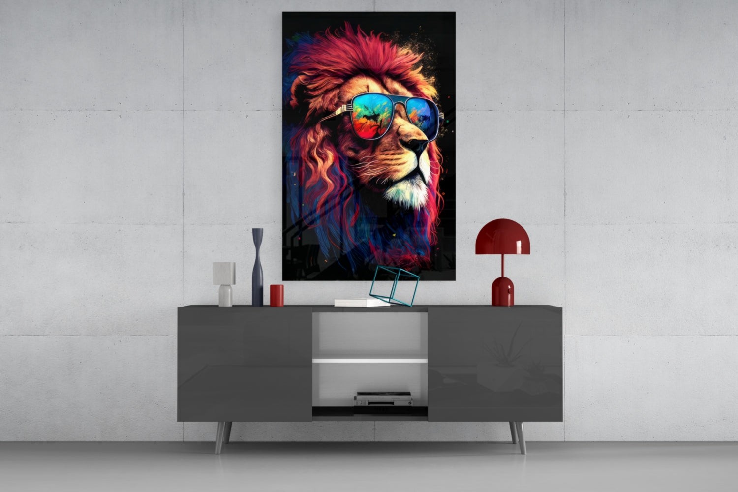 Crimson Mane Lion Mirrored Aviators Glass Wall Art