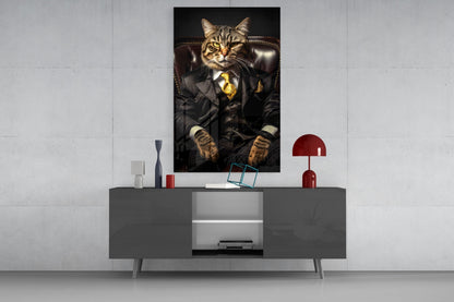 Tabby Cat Gold Tie Boss Chair Glass Wall Art