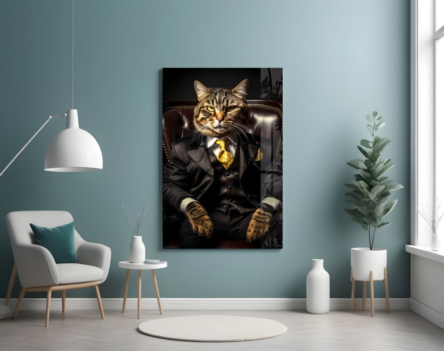 Tabby Cat Gold Tie Boss Chair Glass Wall Art