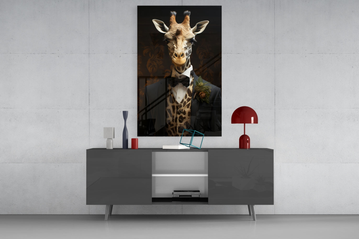 Giraffe in Tuxedo Bow Tie Glass Wall Art