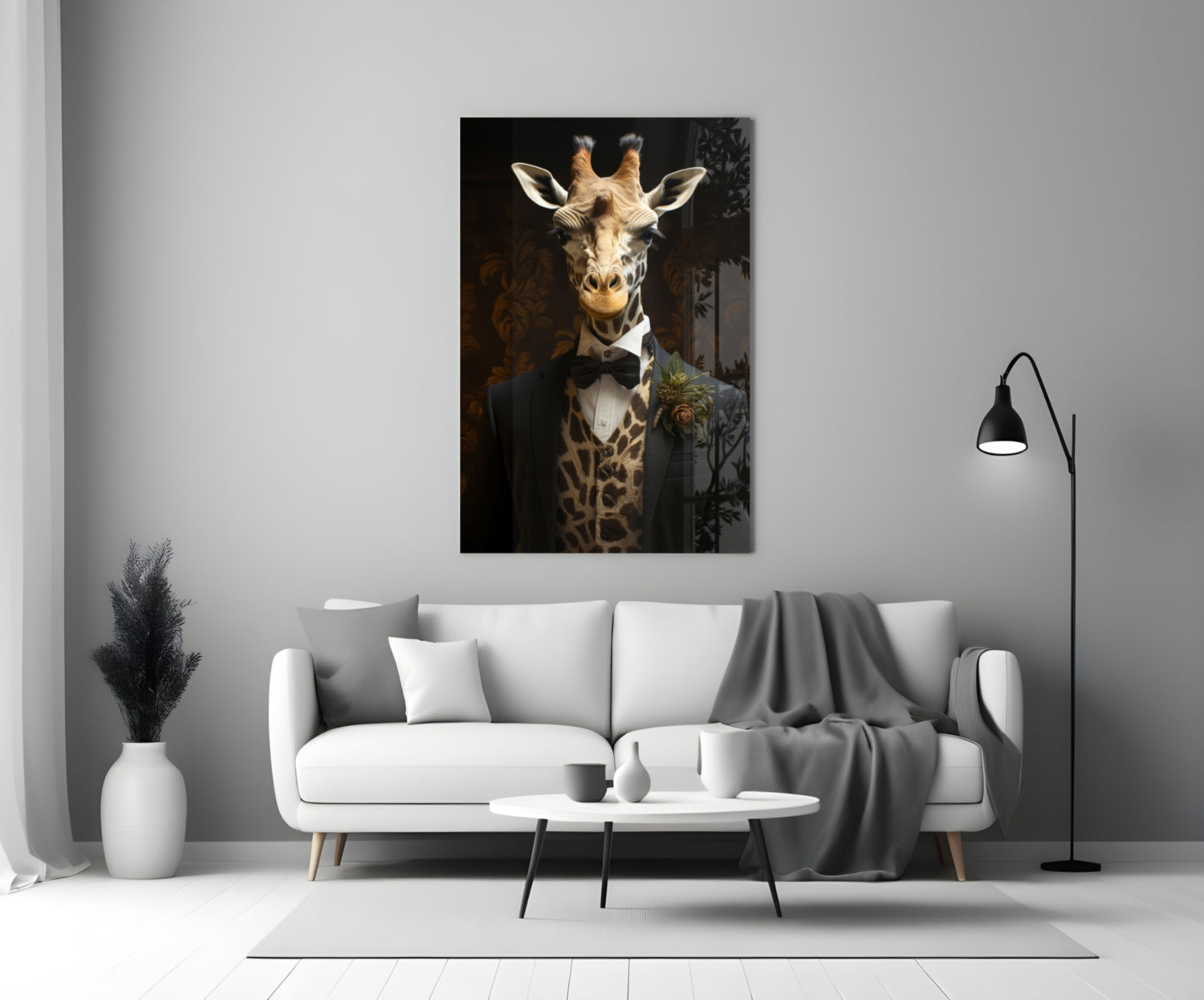 Giraffe in Tuxedo Bow Tie Glass Wall Art