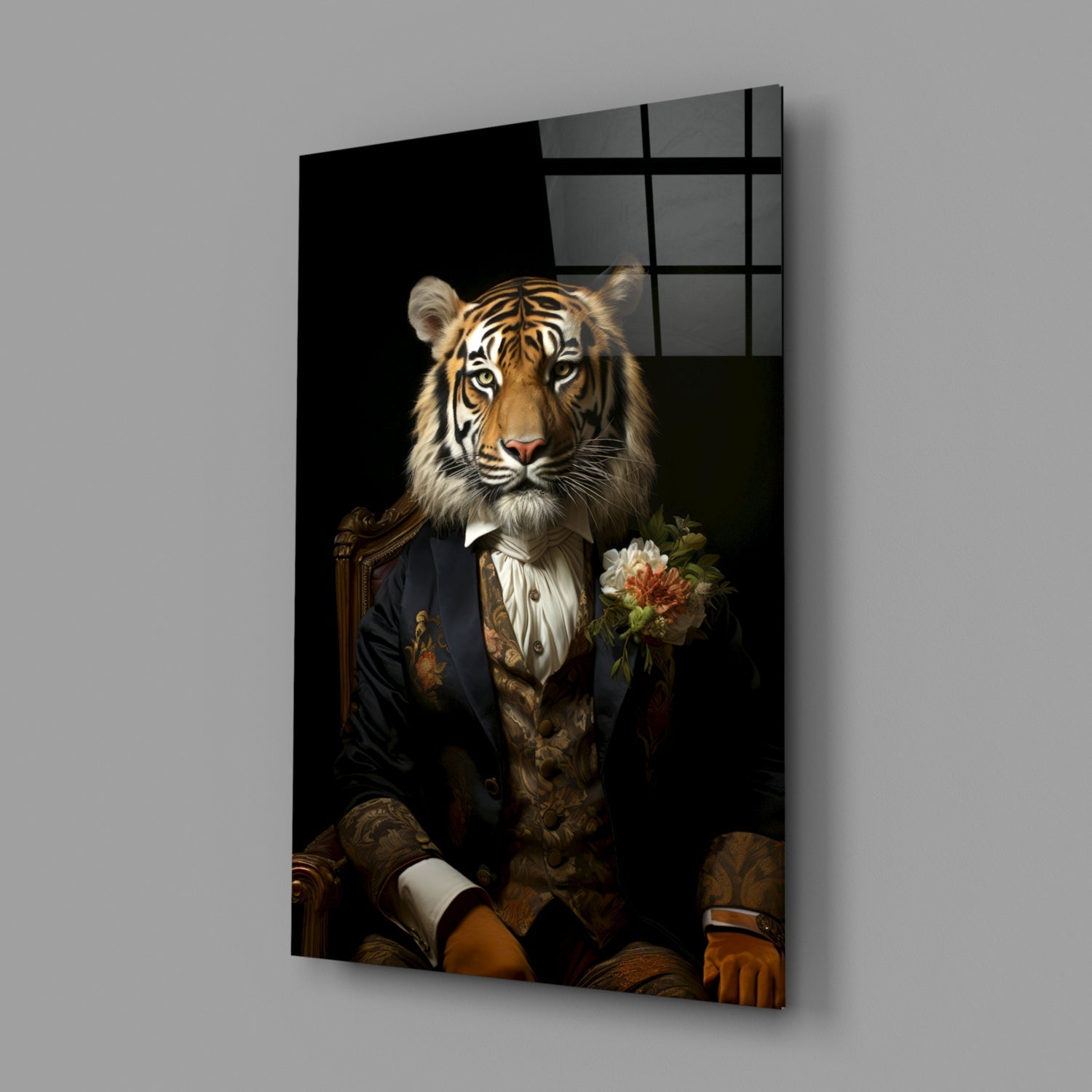 Tiger Dandy with Rose Blazer Glass Wall Art
