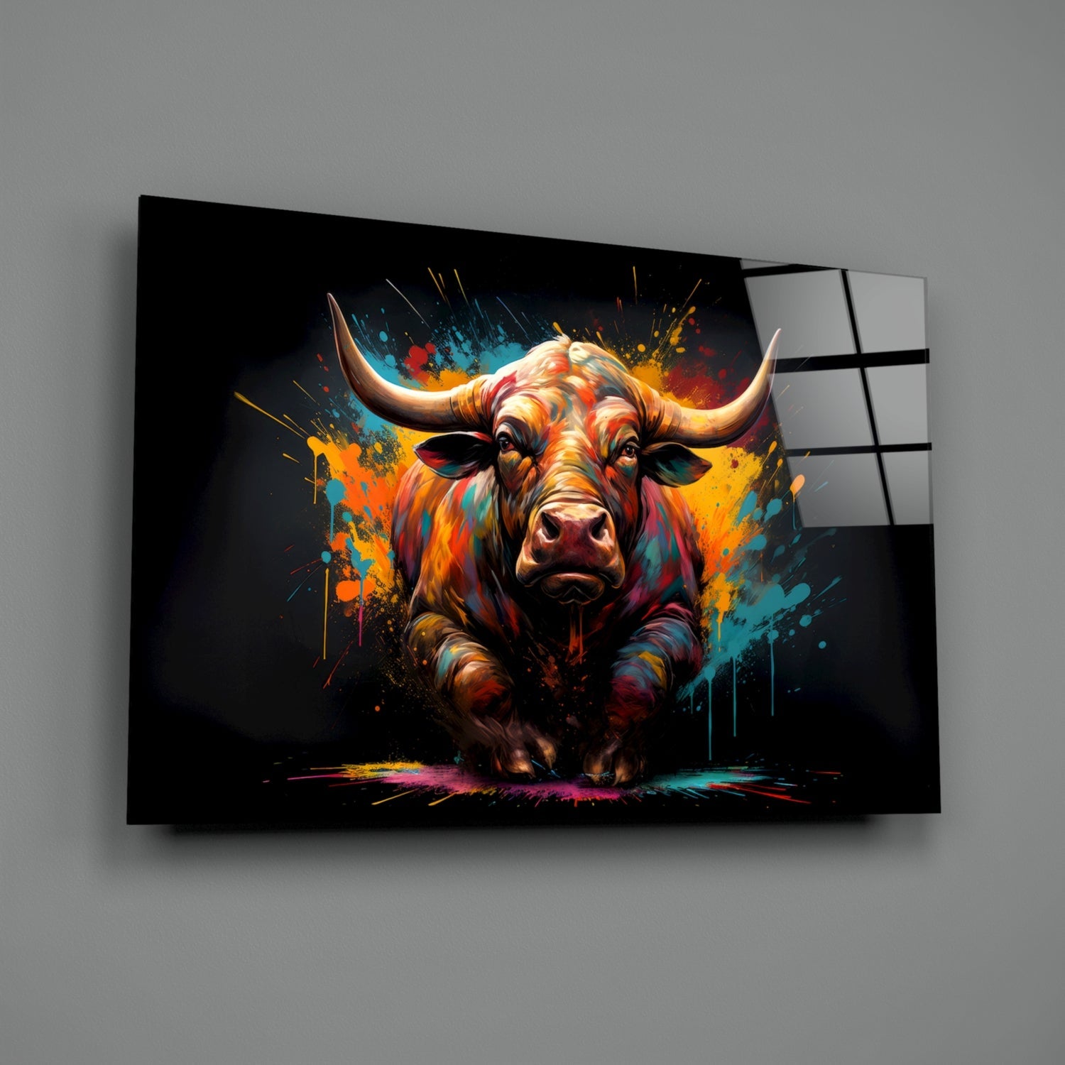 Vibrant Standing Bull Splash Glass Wall Art