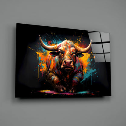 Vibrant Standing Bull Splash Glass Wall Art