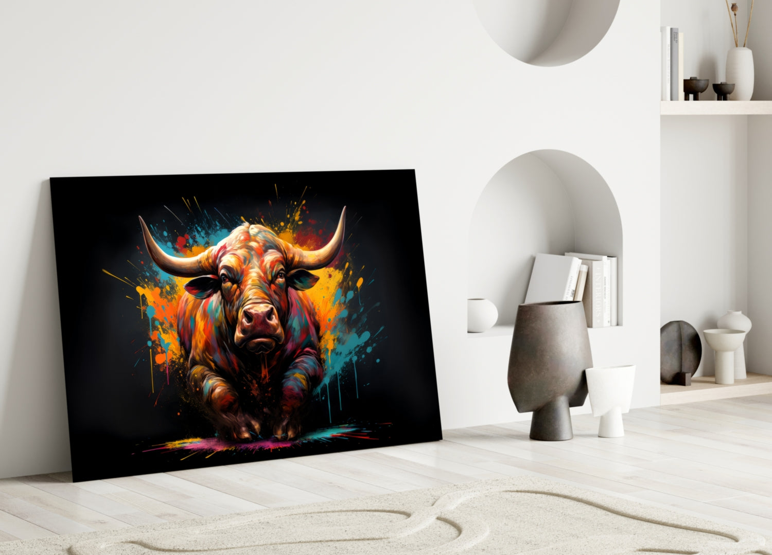 Vibrant Standing Bull Splash Glass Wall Art
