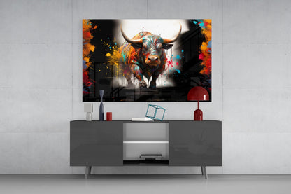 Colorful Bull Halo Splash Glass Wall Art