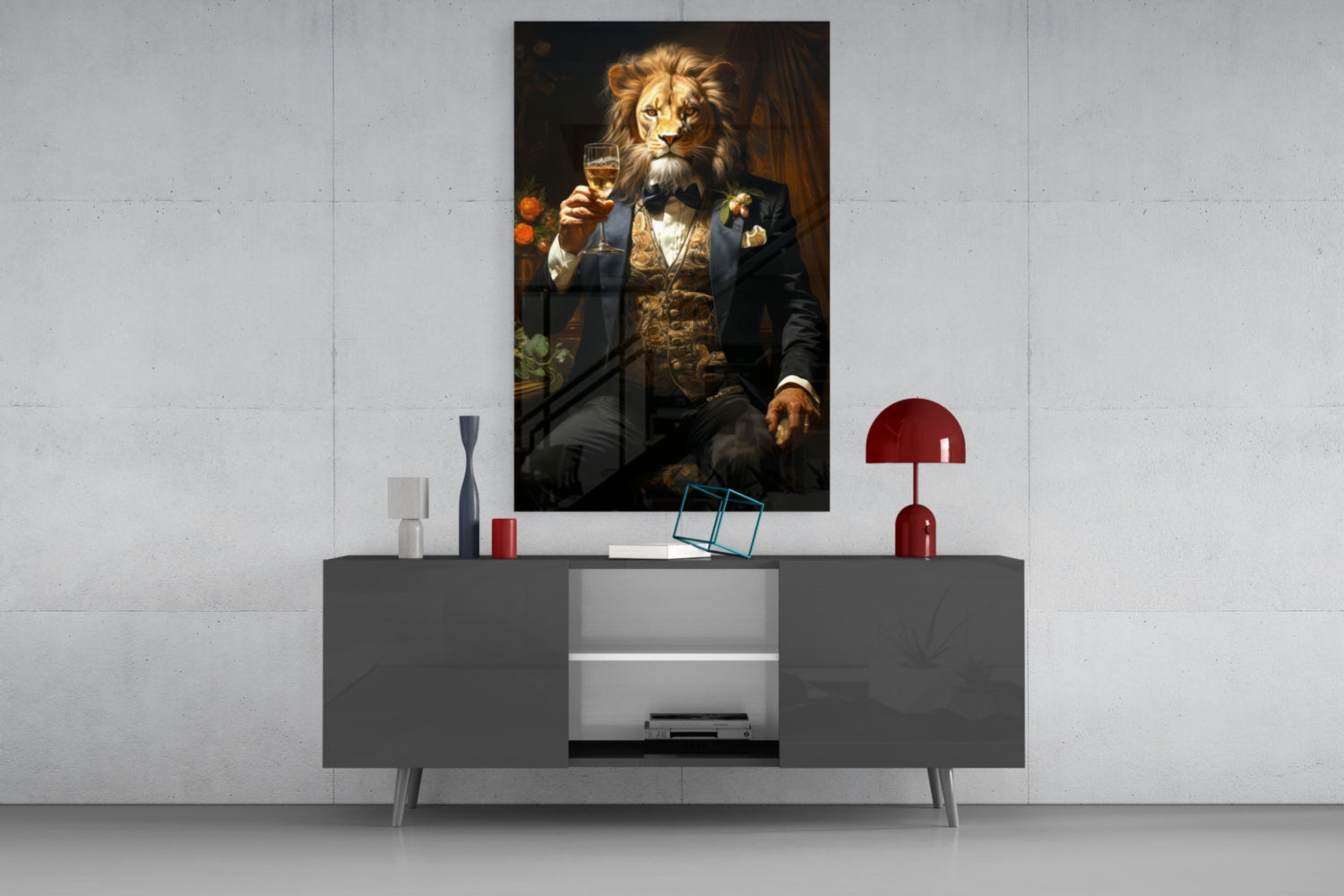 Tuxedo Lion with Wine by Window Glass Wall Art