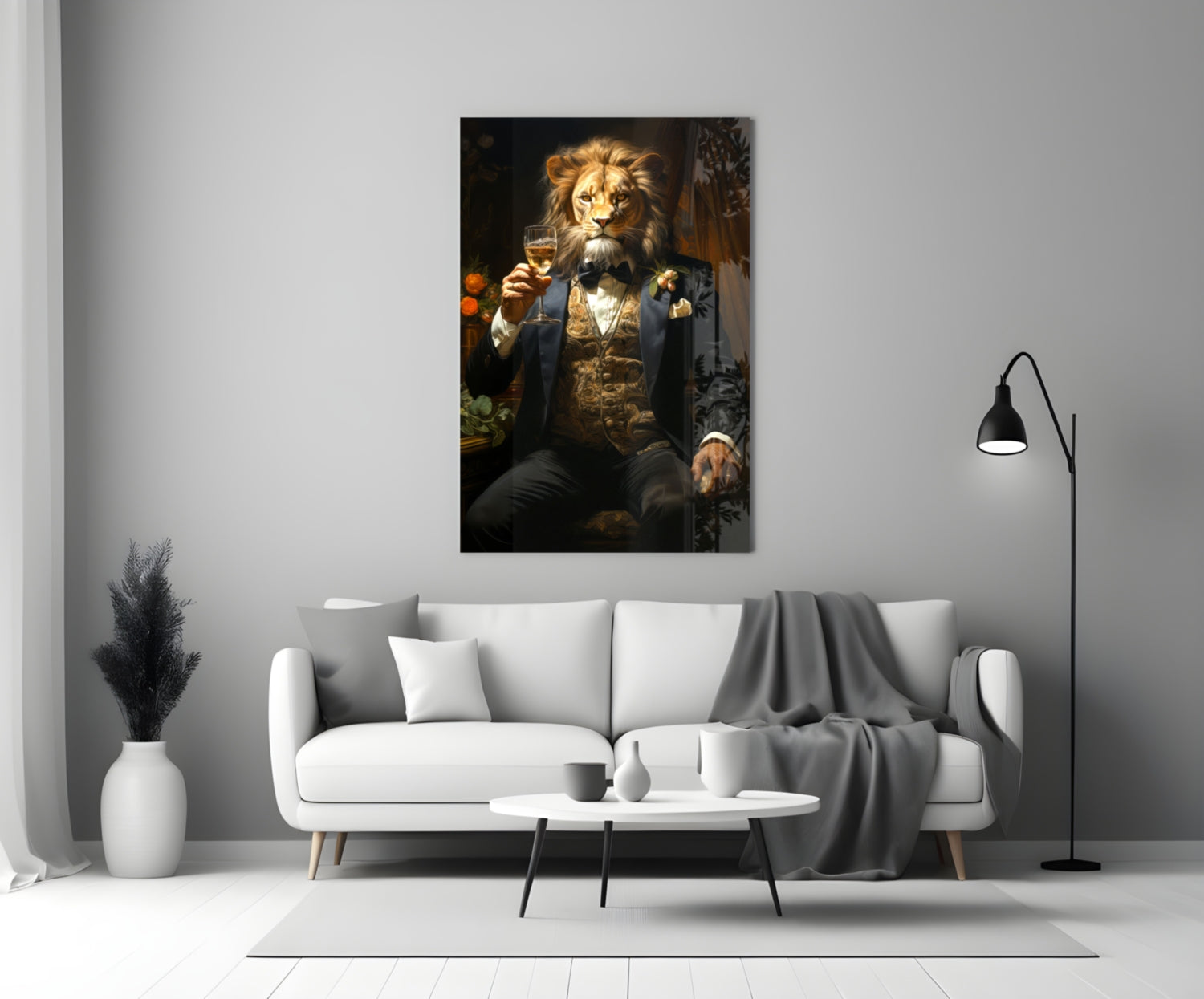 Tuxedo Lion with Wine by Window Glass Wall Art