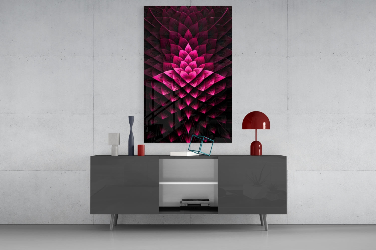 Magenta Layered Lotus Fractal Glass Wall Art