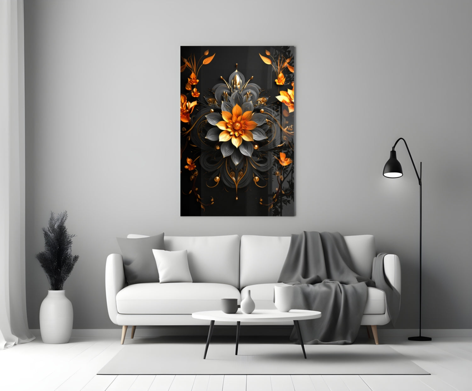 Black Gold Ornate Flower Mandala Glass Wall Art